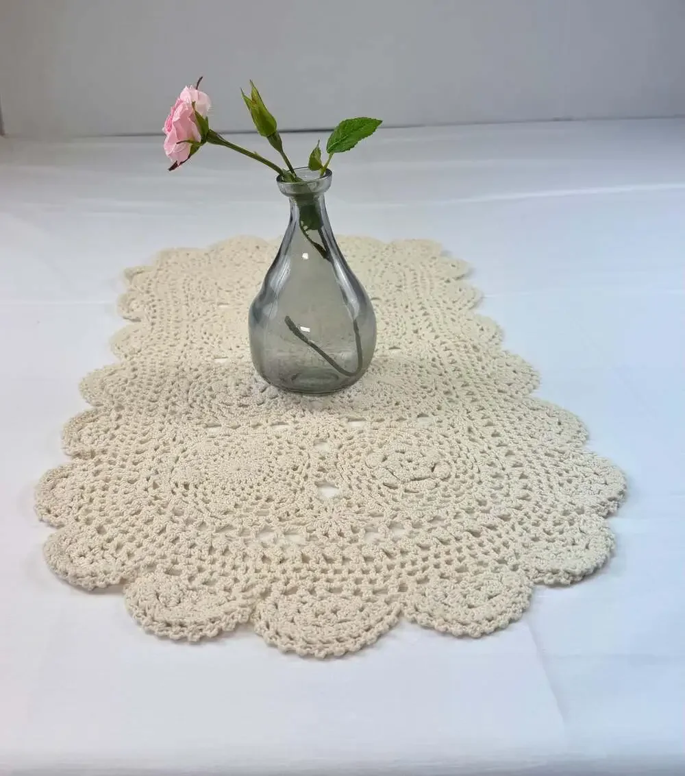 Handmade Cream Crochet Table Runner or Doily with Scalloped Edge